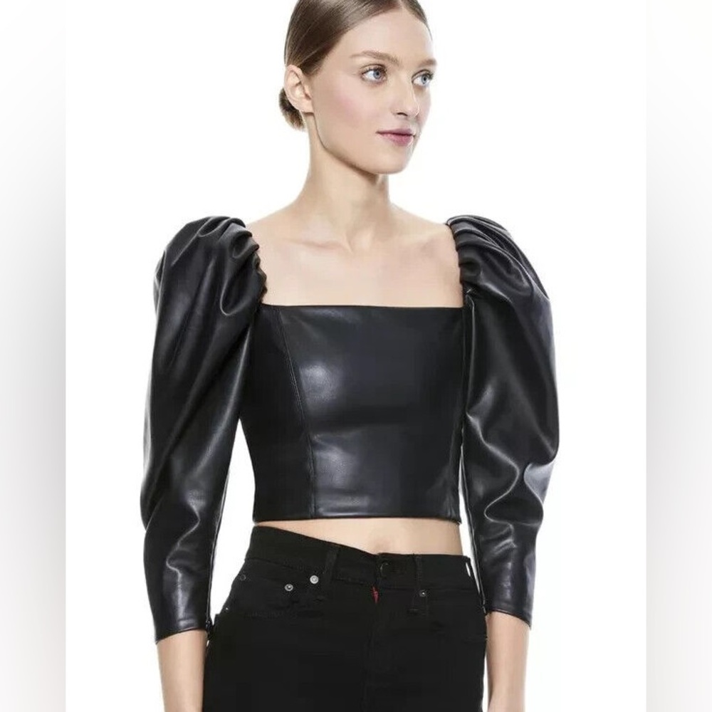 Alice + Olivia Francesca Vegan Leather Puff Sleeve Top